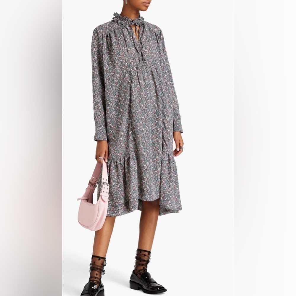 GANNI Ruffled Crepe Floral Print Midi Dress in Moonlight Mauve Size 36 / US 4 - Picture 7 of 16